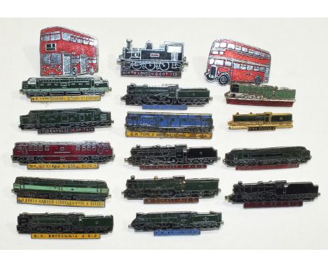 A collection of fifteen railway engine badges, others and an Esso 1970 England World Cup Team coins collection.