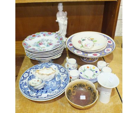 Two Poole Pottery plates with floral decoration, 21cm diameter, five Copeland late Spode dessert plates and comport, various 