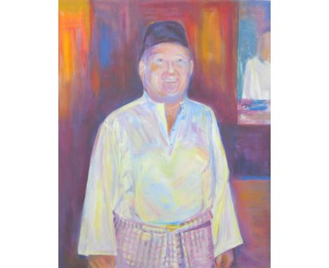 British School (20th century): portrait of a smiling man in a fez, unsigned, oil on canvas, 60 by 50cm,unframed. 