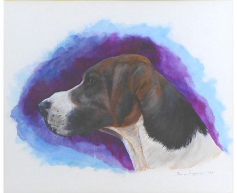 Simon Hopkins (British, 20th century): portrait of a hound, watercolour, signed and dated '1990', 36 by 42cm, mounted, glazed