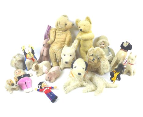 A group of seventeen mid 20th century and later soft toys, including a Chad Valley Hygenic toy rabbit, 20 by 6 by 20cm, all a