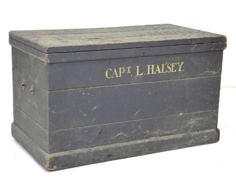 A Victorian black painted pine trunk, painted white text to front 'Capt L. Halsey', a/f missing carry handles, 76.5 by 43.5 b