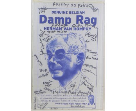A UKIP 'Damp Rag' towel, signed by Nigel Farage amongst others, 75 by 47cm, mounted in glazed frame 75 by 50cm, and a  collec