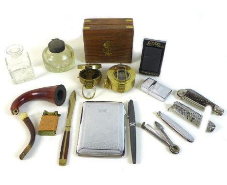 A group of collectables including two brass lensatic or military compasses of drum form, the larger 6.2cm diameter by 2.9cm h