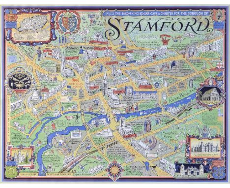 After Wilfrid Rene Wood (British, 1888-1976): map of Stamford, a six colour lithograph, signed and dated 1950 in the plate lo
