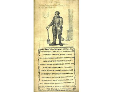 An 17th / 18th century engraving depicting 'Old Scarlett', 'Sexton of Peterbro, from an ancient Picture in ye Cathedral, Ot J