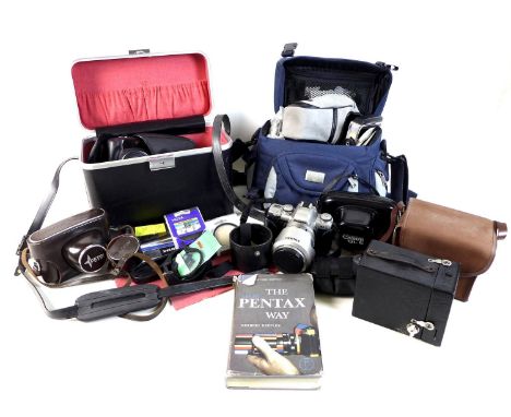 A group of Pentax and other cameras, comprising a Pentax MZ SLR camera with Pentax SMC FA Zoom lens, 28 to 105mm, various fil