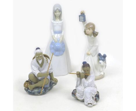 A group of four ceramic figurines, comprising a Nao figurine of a girl holding aloft a lantern, 505, a Miquel Requena figurin