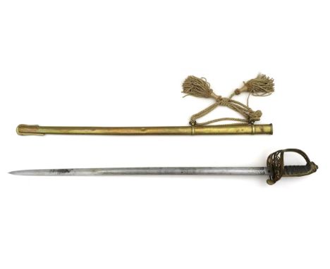 A Victorian General Officers sword, with brass gothic guard with crossed sword and baton surrounded by laurel wreath surmount