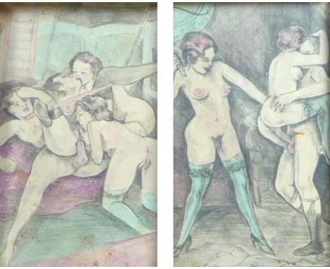 A pair of erotic pencil sketches, each signed in verso Eres, 13 by 8cm, framed and glazed, 23 by 18cm, together with a collec