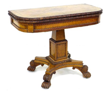 A Victorian burr walnut card table, D form fold over surface, black baize surface, square section stepped column on a platfor