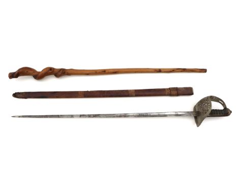 An Edwardian officer's sword, with pierced guard, wire bound shagrin grip, domed pommel, the thin, straight fullered blade wi