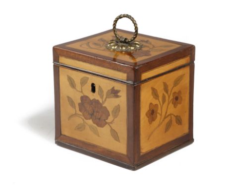 A GEORGE III SYCAMORE AND MARQUETRY SINGLE TEA CADDY inlaid with panels of flowers and leaves, with purple heart banding, the