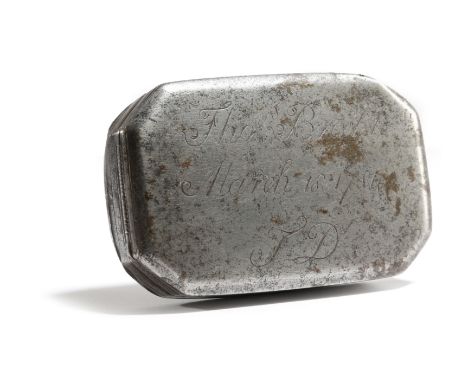 A GEORGE III STEEL SNUFF BOX LATE 18TH CENTURY rectangular with canted corners, inscribed 'Tho Brockh's March 18 1784, TD' 10