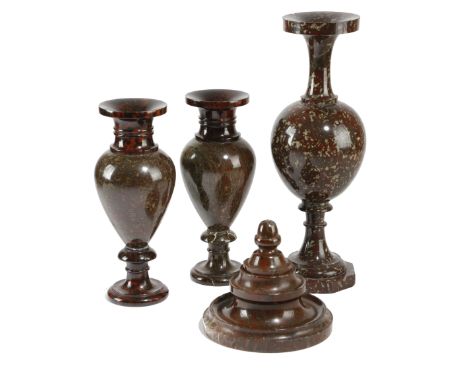 A COLLECTION OF CORNISH SERPENTINE ITEMS LATE 19TH CENTURY with a pair of turned vases with ovoid bodies, a larger vase with 