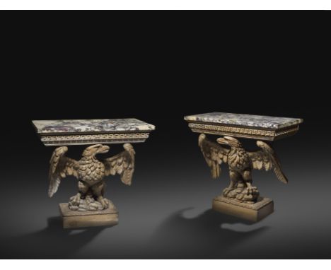 A PAIR OF GEORGE II AND LATER CARVED PINE EAGLE CONSOLE TABLES IN THE MANNER OF FRANCIS BRODIE MID-18TH CENTURY AND LATER eac