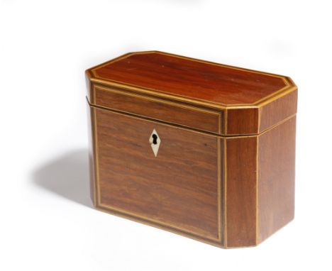 A GEORGE III PARTRIDGEWOOD CADDY LATE 18TH / EARLY 19TH CENTURY of canted rectangular form, inlaid with stringing and with a 