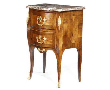 λ A LOUIS XV ROSEWOOD AND KINGWOOD PETIT COMMODE BY JEAN-CHARLES ELLAUME c.1760 with ormolu mounts, the serpentine marble top