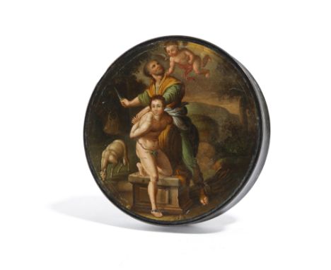 AN EARLY 19TH CENTURY GERMAN LACQUERED PAPIER-MACHE SNUFF BOX IN THE MANNER OF STOBWASSER the lid painted with a scene of Abr