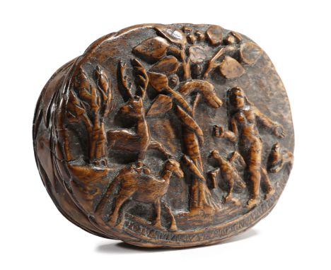A TREEN BURR OAK FOLK ART OVAL SNUFF BOX PROBABLY FIRST HALF 18TH CENTURY the lid carved with Eve accompanied by various anim