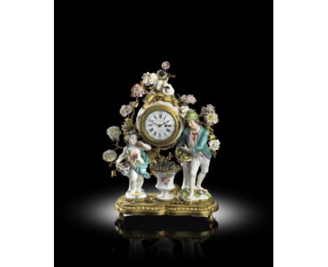 AN ORMOLU AND PORCELAIN MOUNTED MANTEL CLOCK MID-18TH CENTURY AND LATER the eight day watch movement with a pierced and engra