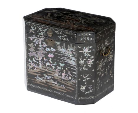 A CHINESE BLACK LACQUER AND MOTHER OF PEARL TEA CHEST MID-19TH CENTURY of canted rectangular form, inlaid with figures, trees