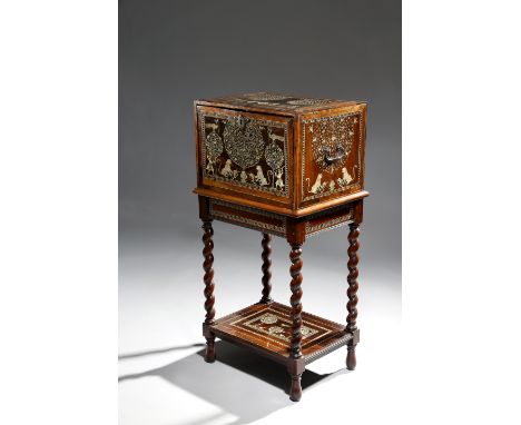 λ AN INDO-PORTUGUESE ROSEWOOD, HARDWOOD AND IVORY INLAID CABINET ON STAND GUJARAT OR SINDH, EARLY 17TH CENTURY AND LATER inla