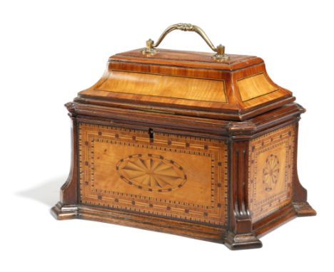 A SATINWOOD, KINGWOOD AND PARQUETRY TEA CADDY IN GEORGE III STYLE LATE 19TH CENTURY of sarcophagus shape, inlaid with fan pat