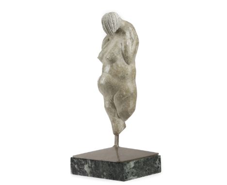 A PREHISTORIC STYLE FERTILITY FIGURE on a metal stand and with an associated marble plinth (2) 33.7cm high PROVENANCE The lat