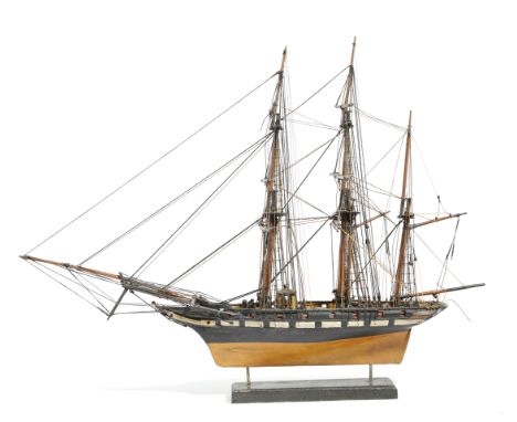 A PAINTED WOOD MODEL THREE-MASTED SAILING SHIP PROBABLY LATE 19TH / EARLY 20TH CENTURY with rigging and mounted on an ebonise