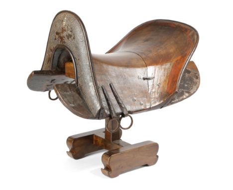 A CHINESE / TIBETAN HARDWOOD AND SHAGREEN SADDLE PROBABLY 19TH CENTURY with iron mounts, 30.8cm high, 36cm wide, 48cm deep, o