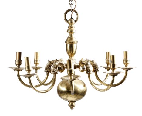 A PAIR OF DUTCH GILT BRASS EIGHT-LIGHT CHANDELIERS IN 18TH CENTURY STYLE LATE 19TH / EARLY 20TH CENTURY each with a baluster 