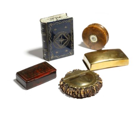 FIVE SNUFF BOXES 19TH CENTURY comprising: a brass and stag antler example, a tole example in the form of a book, a brass curv