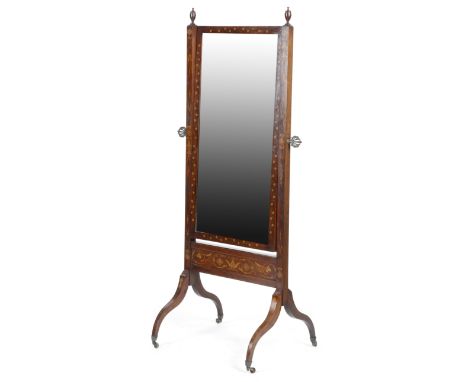 A LATE VICTORIAN IRISH MAHOGANY AND MARQUETRY CHEVAL MIRROR inlaid with scrolling leaves, flowers, husks and paterae, with a 