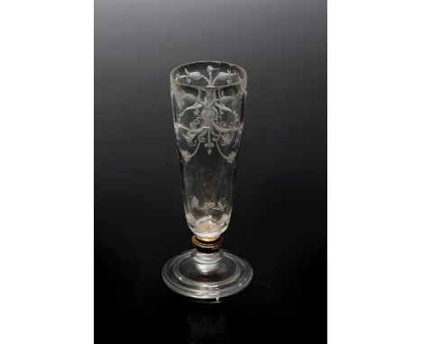 AN ITALIAN CARVED ROCK CRYSTAL SMALL GOBLET IN MISERONI STYLE, 17TH CENTURY of tapering form, finely engraved with swags of s