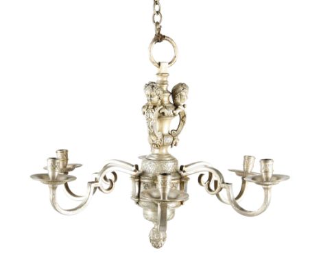 A SILVERED SIX-LIGHT 'KNOLE' CHANDELIER EARLY 20TH CENTURY the turned stem decorated with cherub masks and strap-work, with s