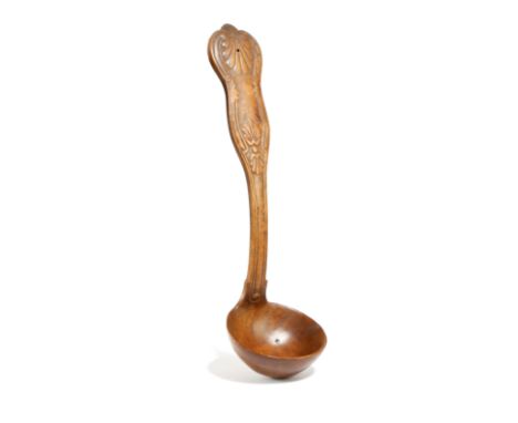 A CARVED TREEN FRUITWOOD LADLE 19TH CENTURY of king's pattern, pierced for suspension 29.5cm long