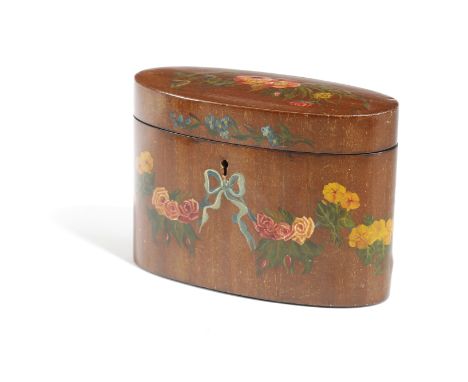 A PAINTED MAHOGANY OVAL TEA CADDY IN GEORGE III STYLE LATE 19TH CENTURY decorated with ribbon tied swags of flowers 11.4cm hi
