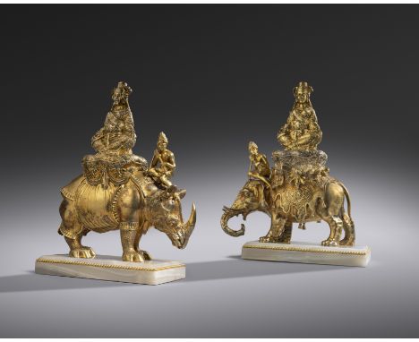 TWO FINE SILVER-GILT MODELS OF AN ELEPHANT AND RHINOCEROS WITH EXOTIC RIDERS PROBABLY CONTINENTAL, 18TH CENTURY AND LATER the