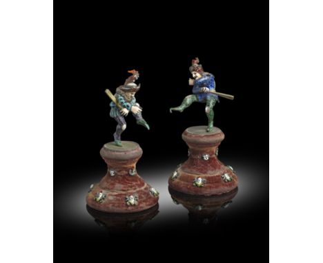 A PAIR OF AUSTRIAN SILVER, ENAMEL AND MOTHER OF PEARL COURT JESTERS IN BAROQUE PEARL STYLE, VIENNA, LATE 19TH / EARLY 20TH CE
