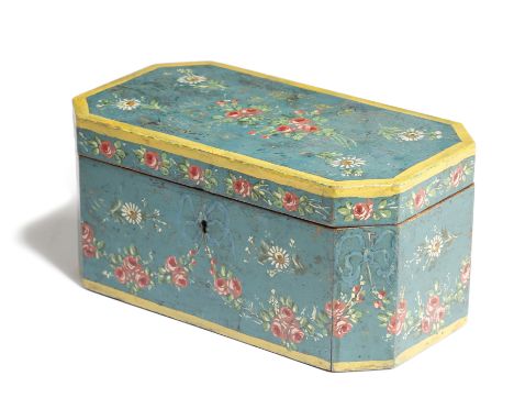 A FRENCH PAINTED WOOD BOX LATE 18TH CENTURY of canted rectangular form, painted with floral sprays and ribbon tied swags of r