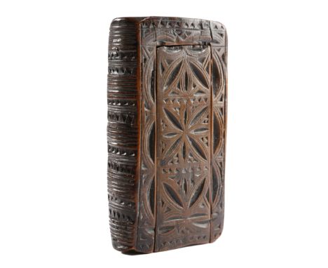 A TREEN CHIP CARVED SNUFF BOX IN THE FORM OF A BOOK FIRST HALF 19TH CENTURY with a sliding cover 12.4cm wide PROVENANCE 'A Li