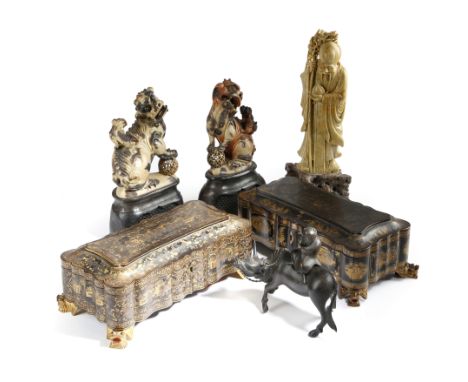 TWO CHINESE EXPORT LACQUER GAMES BOXES MID-19TH CENTURY each gilt decorated with panels of figures in various pursuits, the i