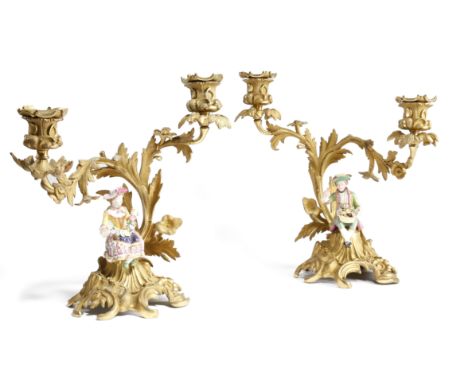 A PAIR OF FRENCH ORMOLU TWIN-LIGHT CANDELABRA IN LOUIS XV STYLE SECOND HALF 19TH CENTURYwith leaf scroll branches and decorat