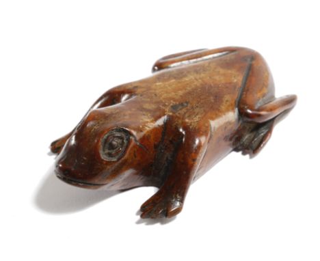 A TREEN FOLK ART FROG SNUFF BOX FIRST HALF 19TH CENTURY with a hinged compartment 10cm long PROVENANCE 'A Lifetime of Collect