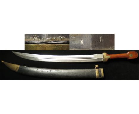 Russian military Kindjal with its wooden and brass scabbard. Blade stamped '1917' and with a makers symbol ? on side, and sta