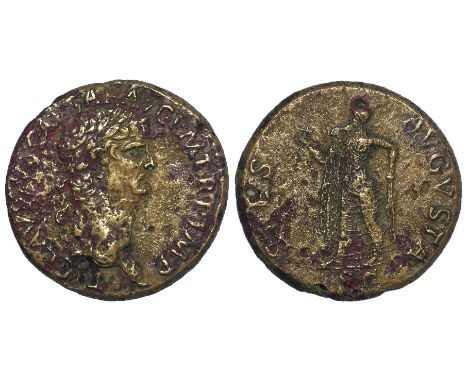 Claudius brass sestertius, Rome Mint 41-42 A.D., reverse reads:- SPES AVGVSTA, Spes advancing left, holding flower, obverse l