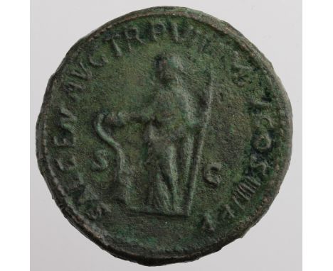 Commodus sestertius, 'Rome Mint 182 A.D.', reverse:- Salus standing left, feeding snake arising from altar and holding long s