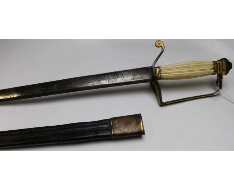 Sword: An early 1796 type pattern sword with Spadroon hilt. Broad fullered blade 32" with D/E Spear point. Blade with 'J.J. R