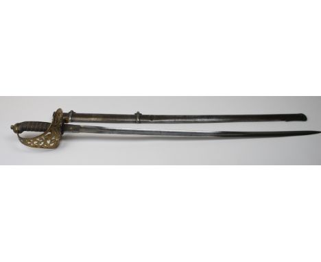 Sword: A brass hilted 1857 type pattern, R.E. officers sword by Hill Brothers. 3, Old Bond Street, London. Victorian Cypher t